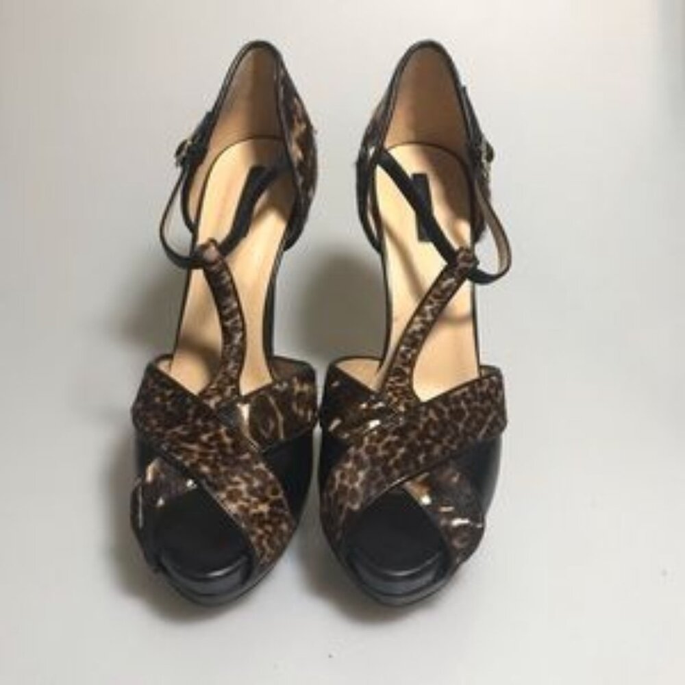 Longcham Womens Le Pliage Leopard Print Leather Ponyhair Sandals Heels